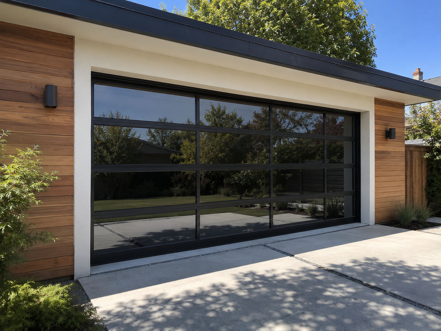 Full-view glass garage door on a modern Gale Ranch San Ramon home
